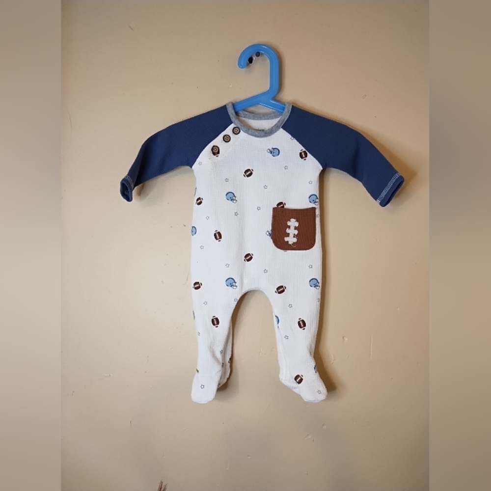 Mudpie Infants White/Blue/ Brown 0-3 Months Waffle Football And Helmet Sleeper